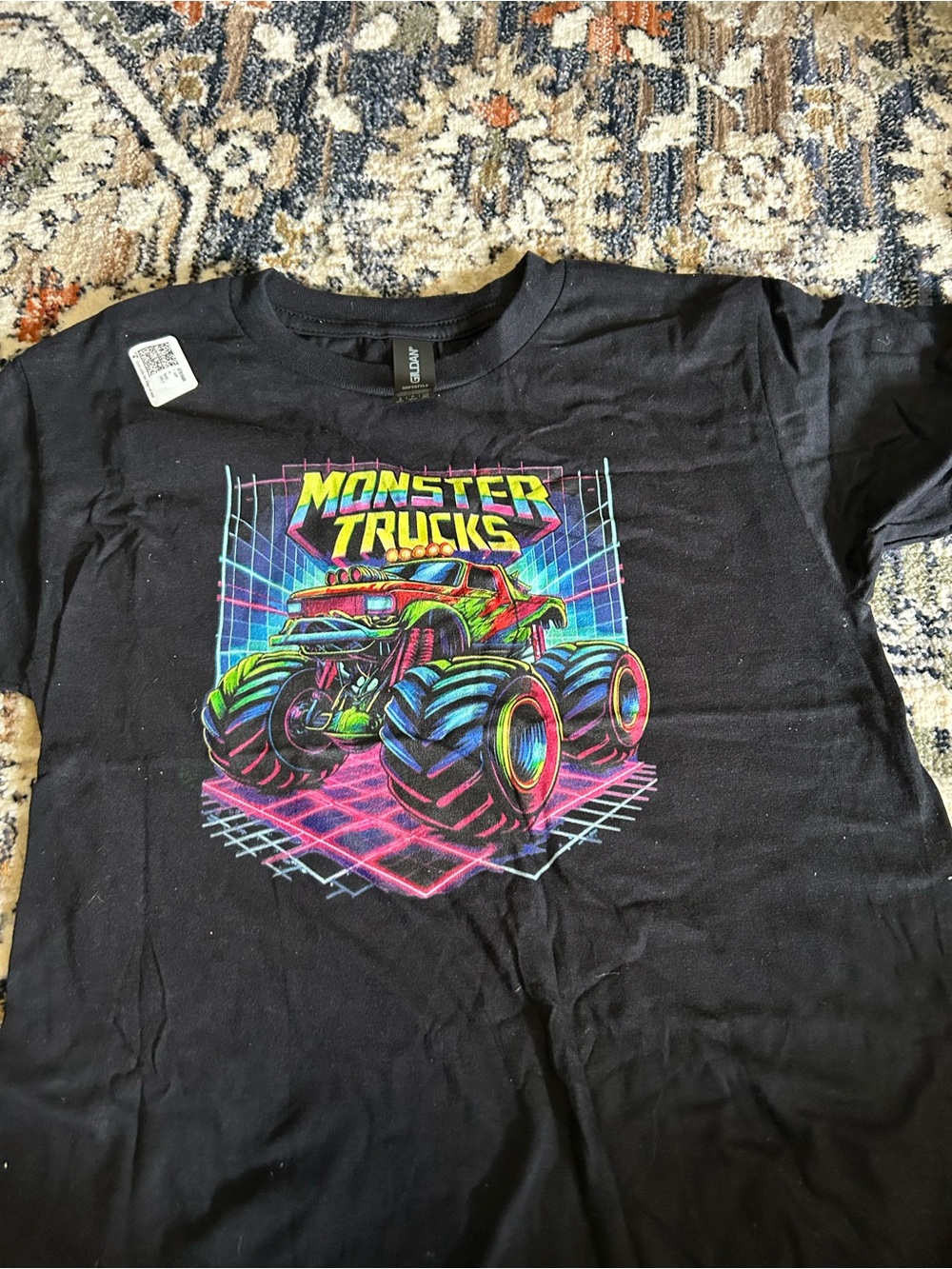 Gildan Black Kids Monster Trucks Tee with Neon Graphic